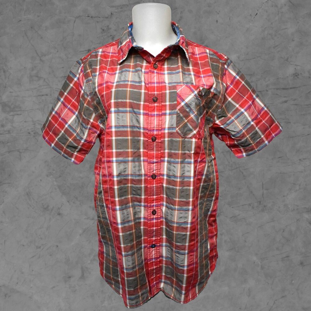 The North Face Plaid Camp Shirt Men's M Red Olive Button-Front Short Sleeve